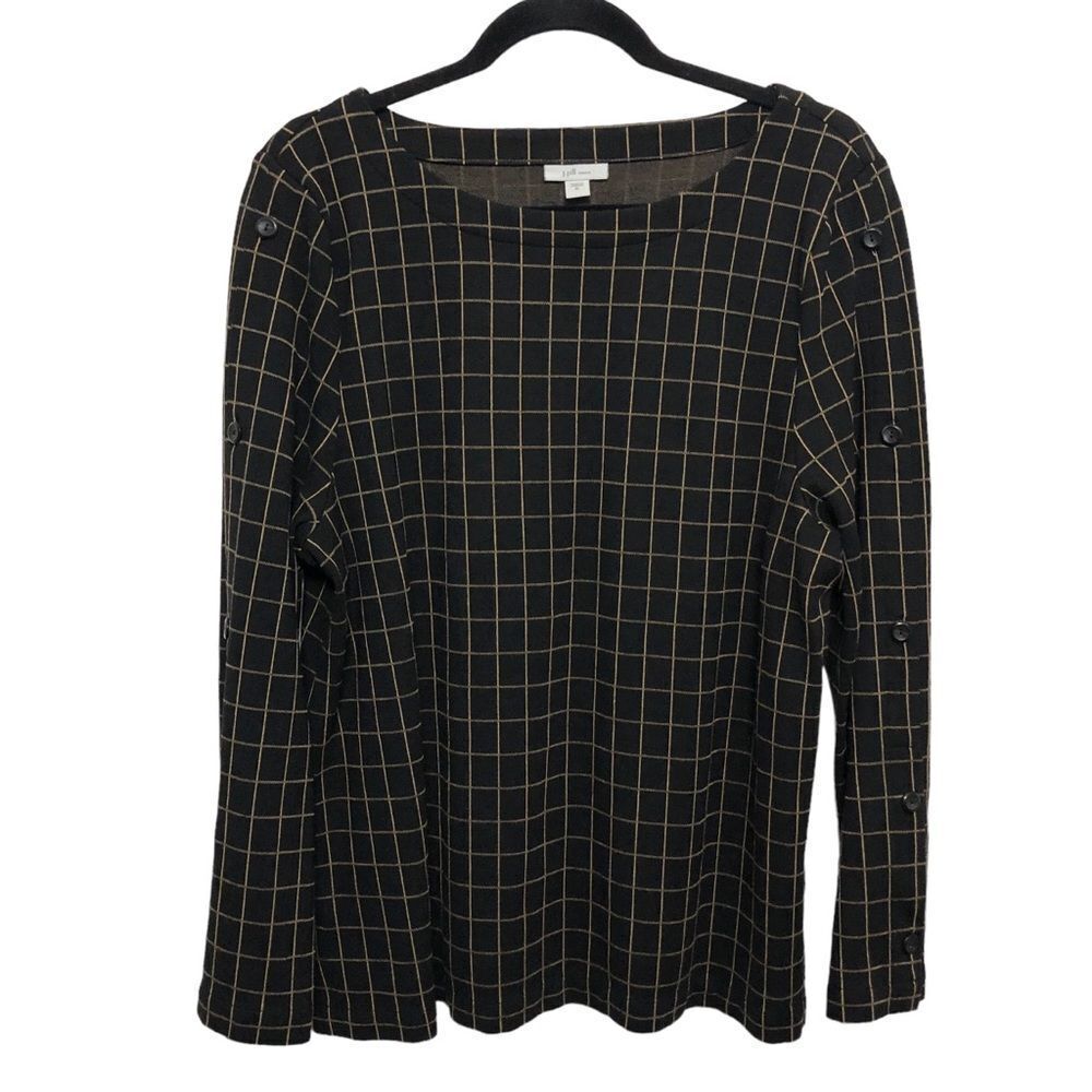 J Jill Ponte Knit‎ Top Size XL Super Soft Plaid Boxy Button Sleeve Entire Length